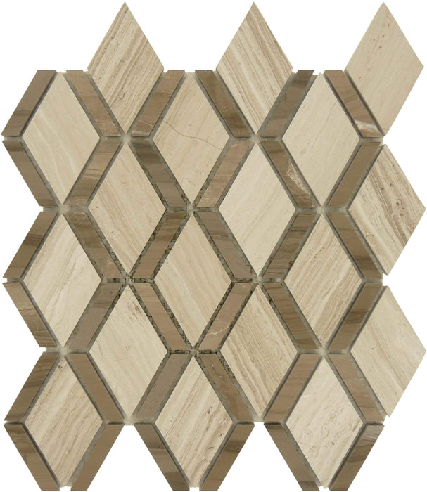 Space Grid Wooden Beige and Grey Polished Stone Tile Tuscan Glass