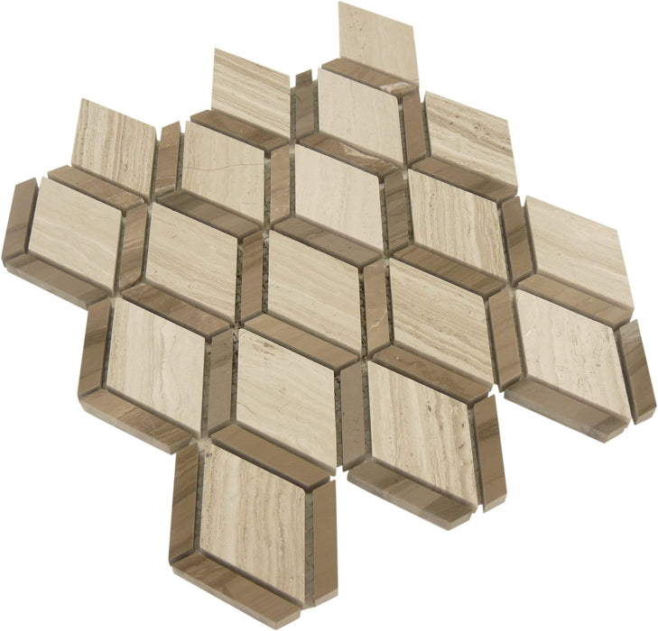 Space Grid Wooden Beige and Grey Polished Stone Tile Tuscan Glass