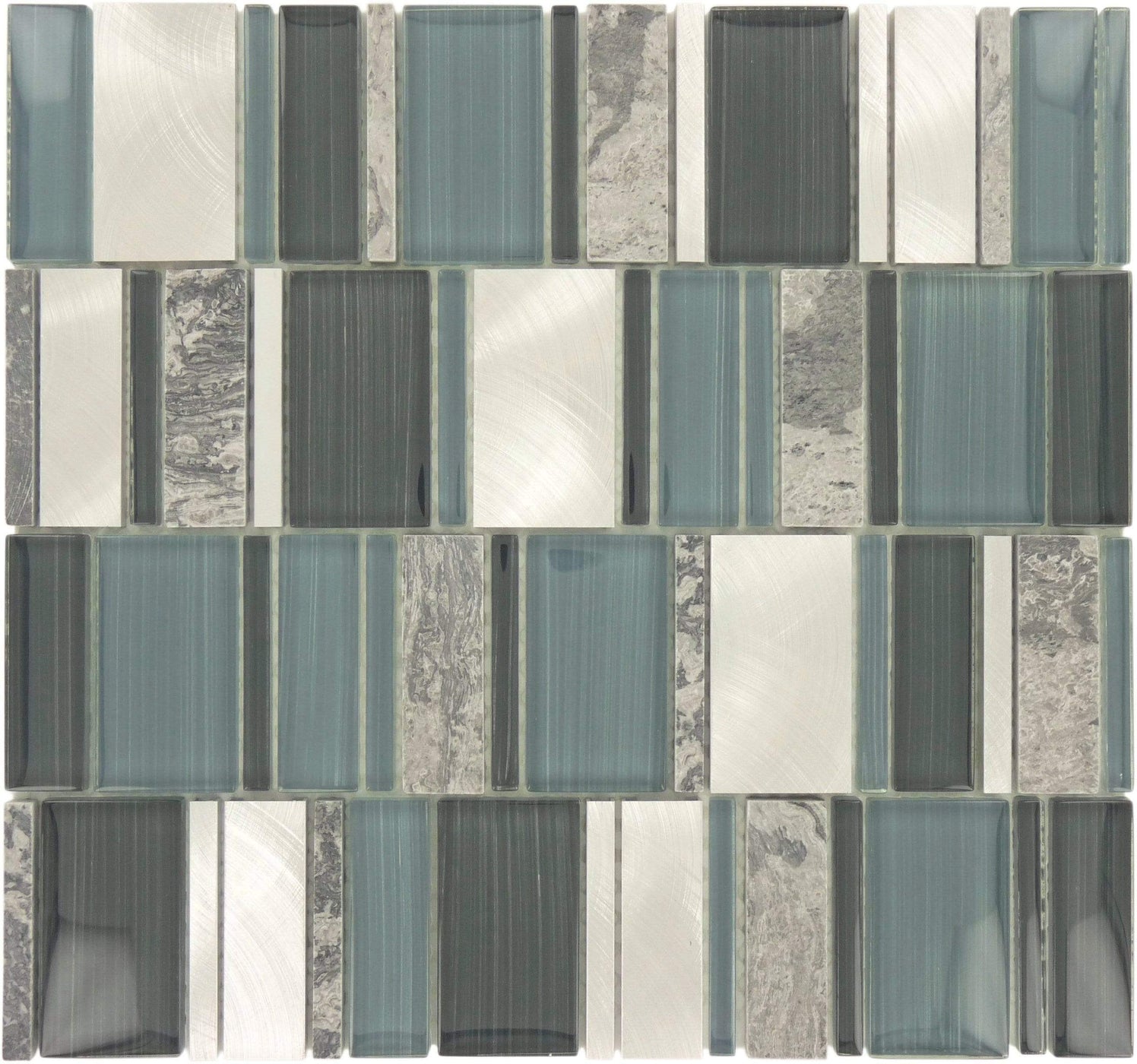 Unique Shapes Grey Glass Stone & Metal Unique Shapes Tile Glossy