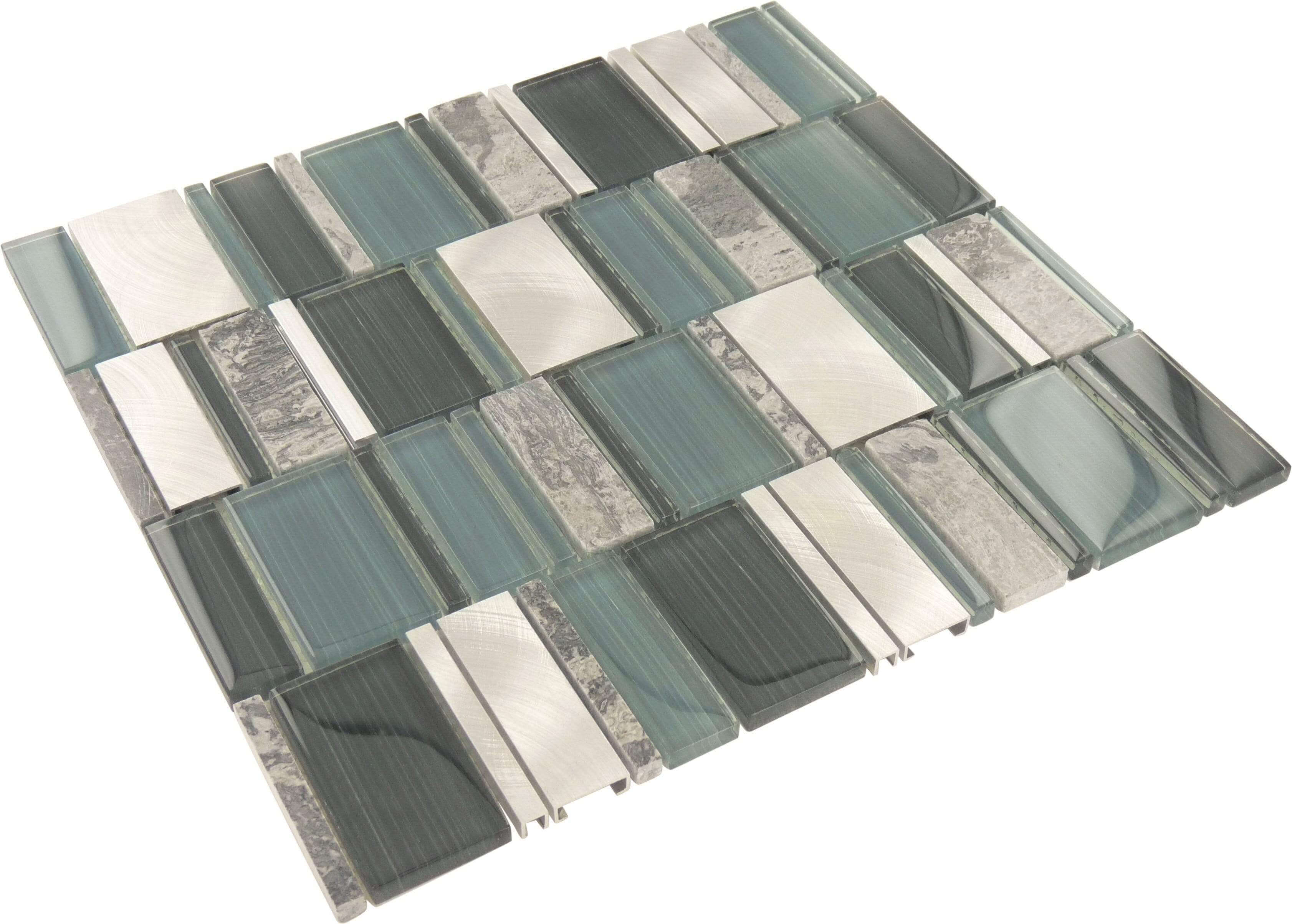 Fog Large Unique Shapes Grey Glass Stone and Metal Tile Tuscan Glass