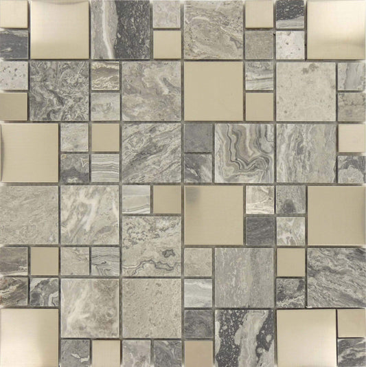 Fusion Grey Unique Shapes Polished Metal and Stone Tile Tuscan Glass