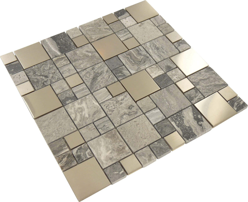 Fusion Grey Unique Shapes Polished Metal and Stone Tile Tuscan Glass