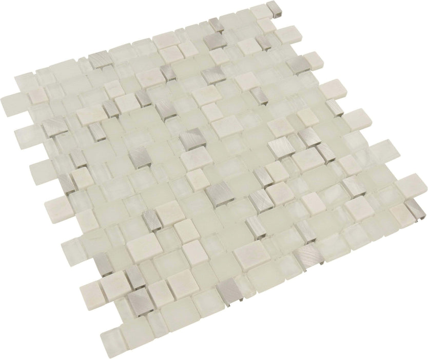 Frozen Unique Shapes White Stone and Metal Tile Tuscan Glass
