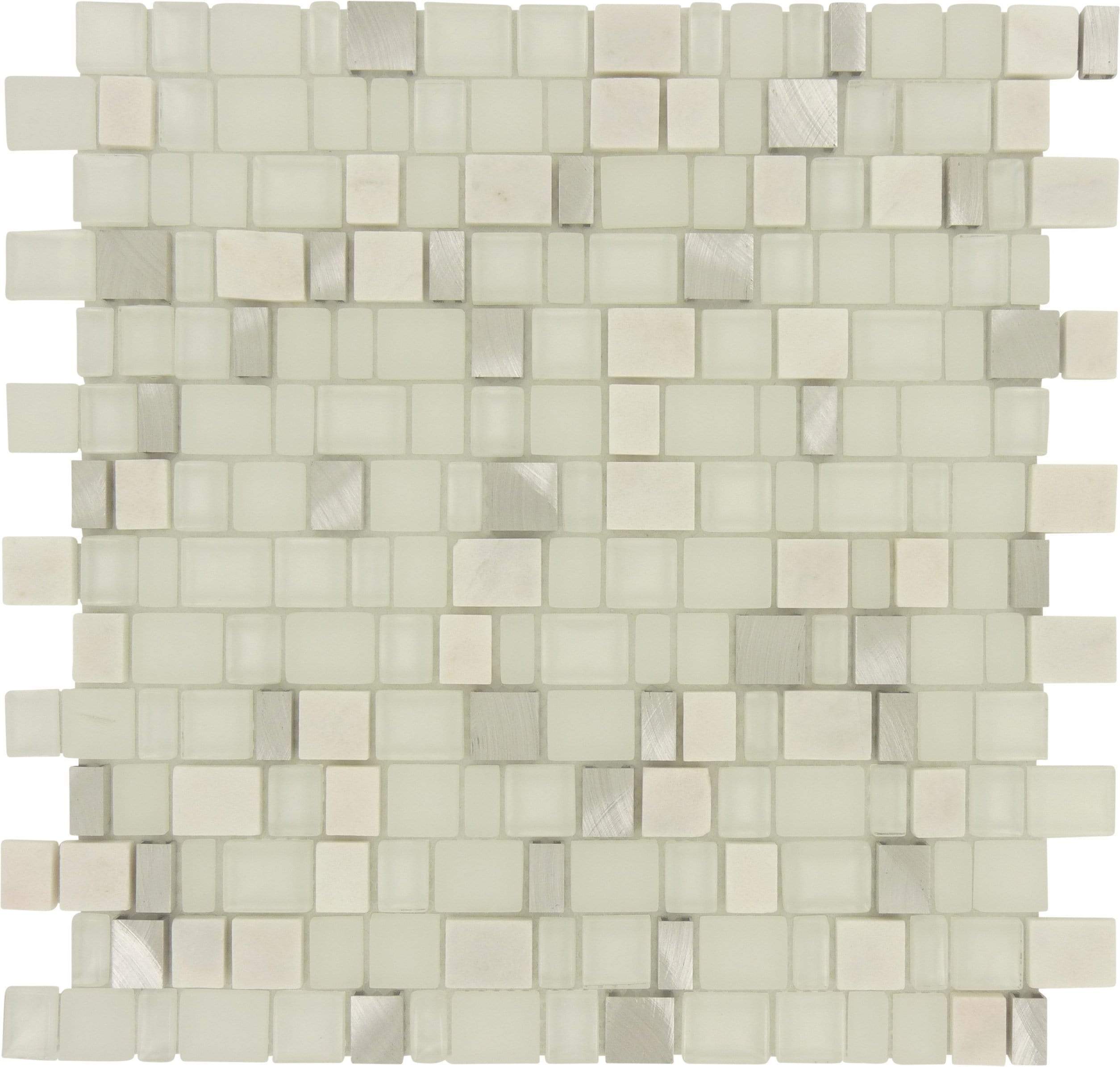 Frozen Unique Shapes White Stone and Metal Tile Tuscan Glass