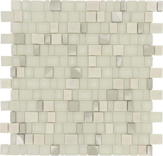 Frozen Unique Shapes White Stone and Metal Tile Tuscan Glass