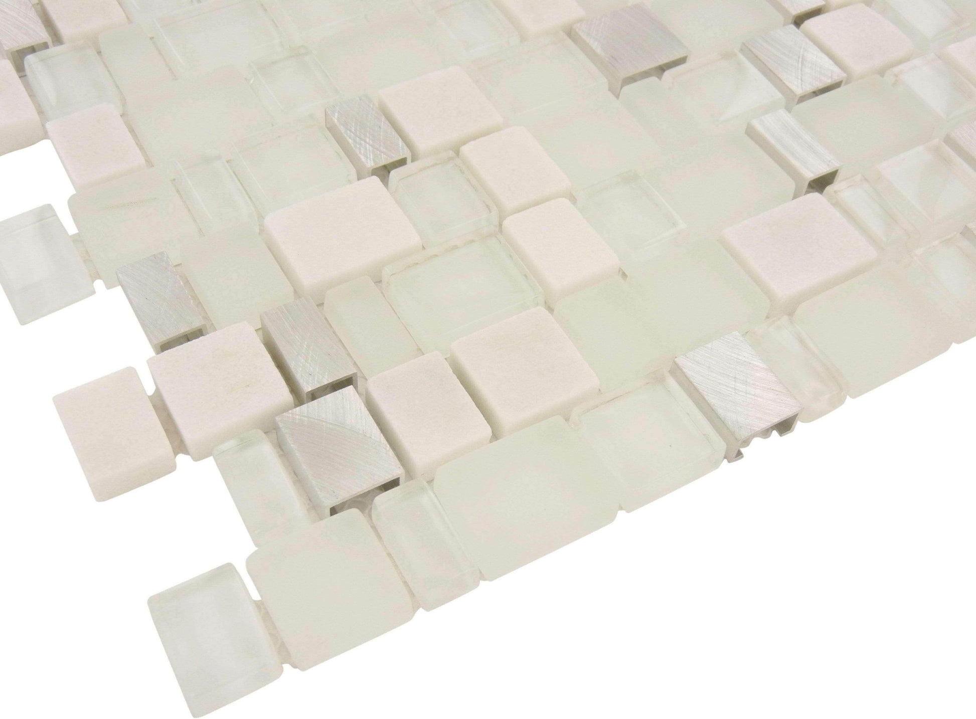 Frozen Unique Shapes White Stone and Metal Tile Tuscan Glass