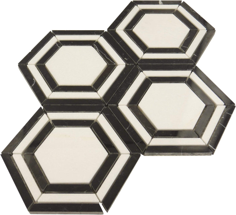 Yinyang Hexagon Black Marquina and Cream White Polished Stone Tile Tuscan Glass