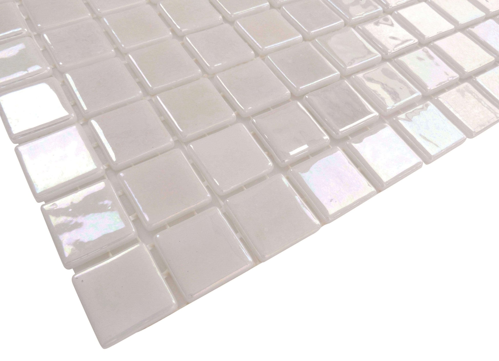 Perla White 7/8'' x 7/8'' Glossy & Iridescent Glass Pool Tile Universal Glass Designs