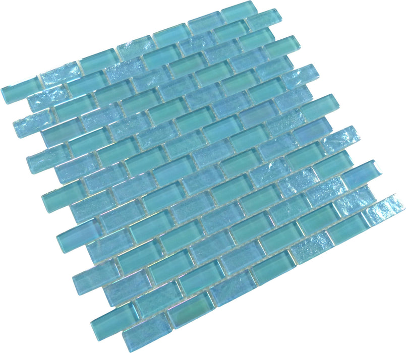 Neptune Aquamarine Uniform Brick Glossy and Iridescent Glass Tile Universal Glass Designs
