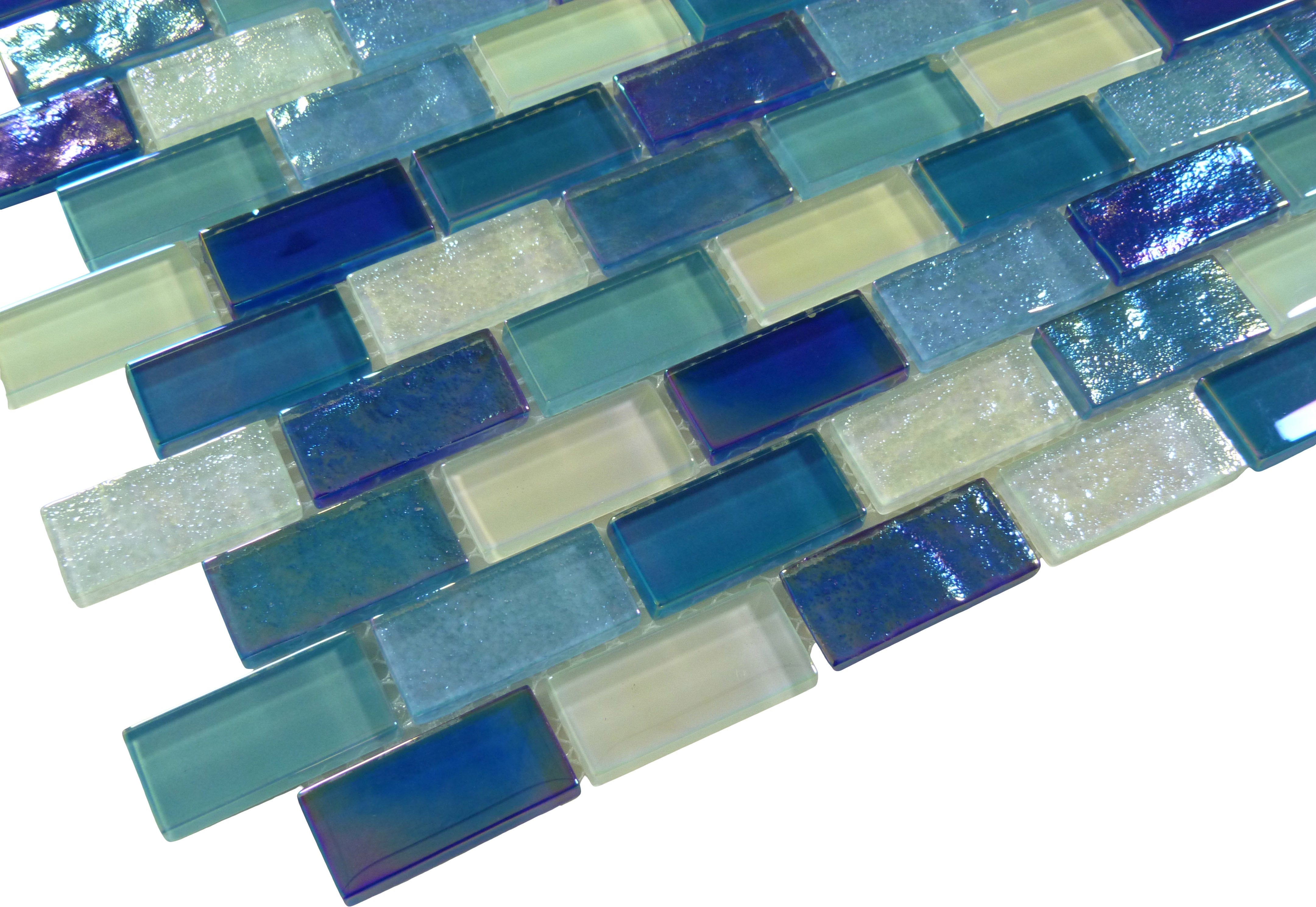 Neptune Blue Blend Uniform Brick Glossy and Iridescent Glass Tile Universal Glass Designs