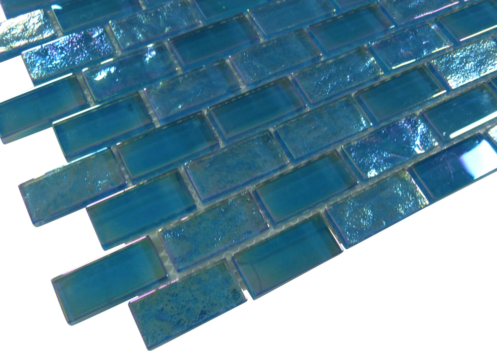 Neptune Turquoise Uniform Brick Glossy and Iridescent Glass Tile Universal Glass Designs